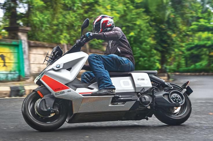 The BMW CE 04 is currently the only electric scooter in India to feature a liquid-cooled permanent magnet motor BMW CE 04 cornering shot